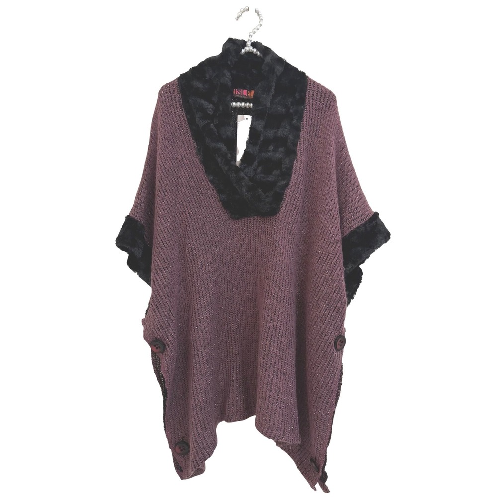 NWT ISLE Apparel Melis Kozan Purple Gold Metallic Knit Faux Fur Poncho One Size